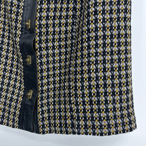 Talbots Plaid Mini Skirt 10P Wool Tweed Faux Leather Trim Black Brown Vintage - Picture 5 of 6